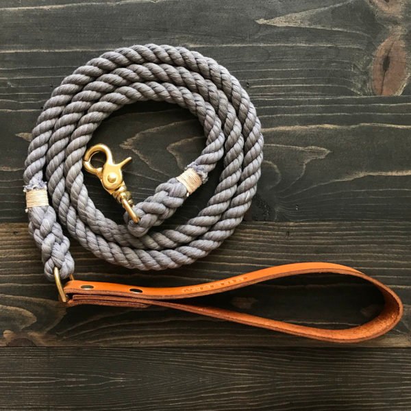 Grey Rope Dog Leash With Leather Handle