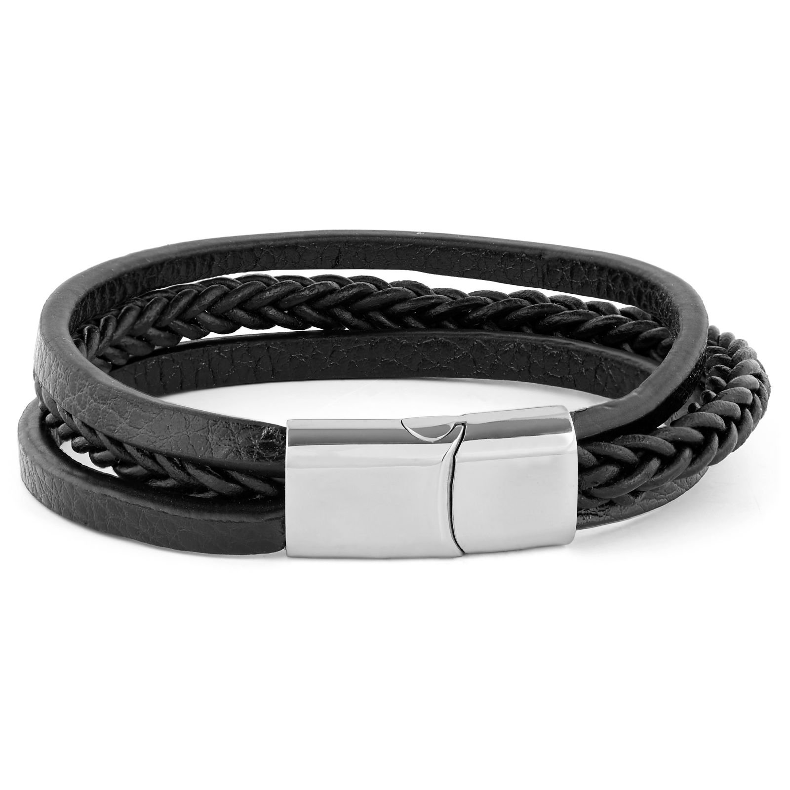 Stylish Braided & Wide Triple Layar Black Leather Bracelet
