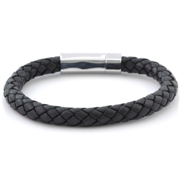Leather Black & Silver Braided Bracelet For Mens