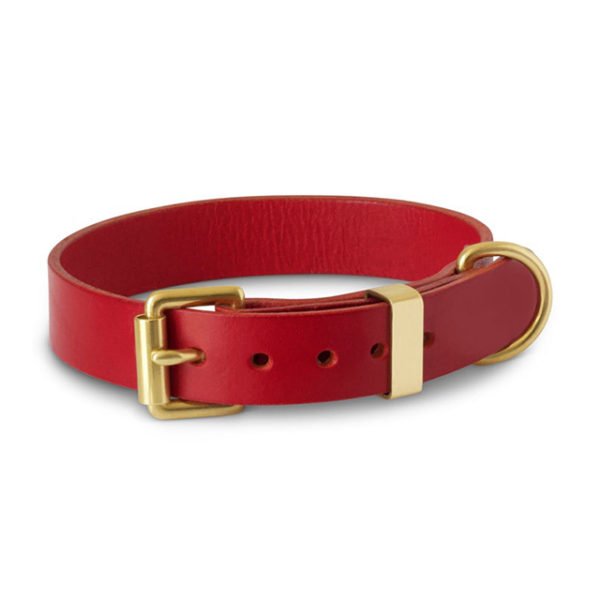 Classic Red Leather Dog Collar Leash Set Brass Hardware