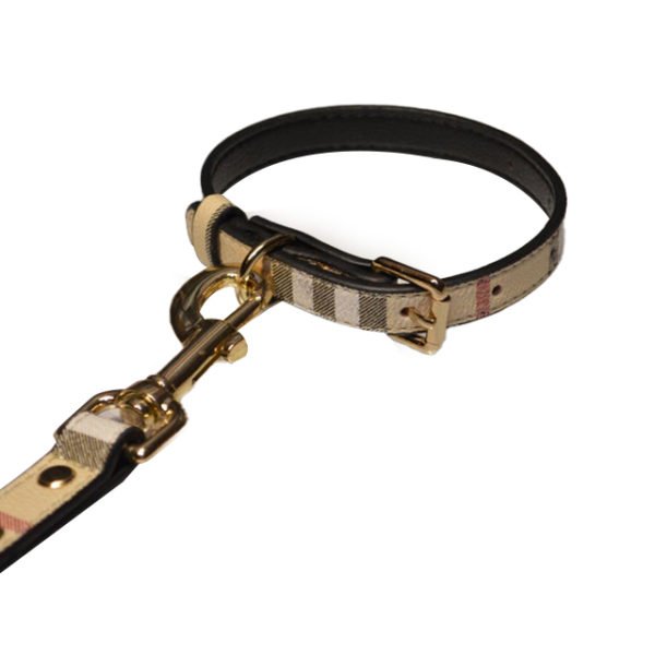 Luxury Tartan Pattern Leather Dog Collar & Leash