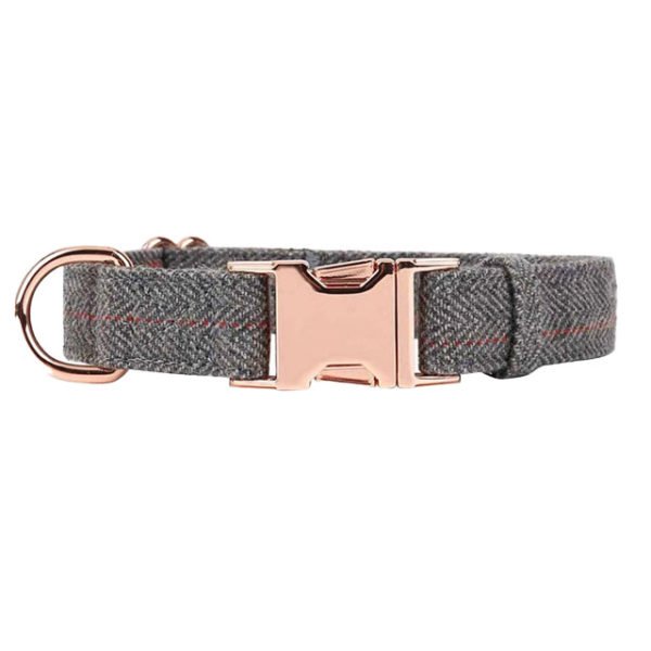 Gray Tweed Dog Collar With Rose Gold Metal Buckle