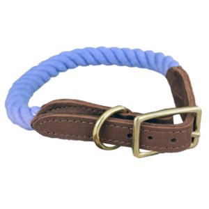 Blue Rope Cotton Dog Collar With Leather