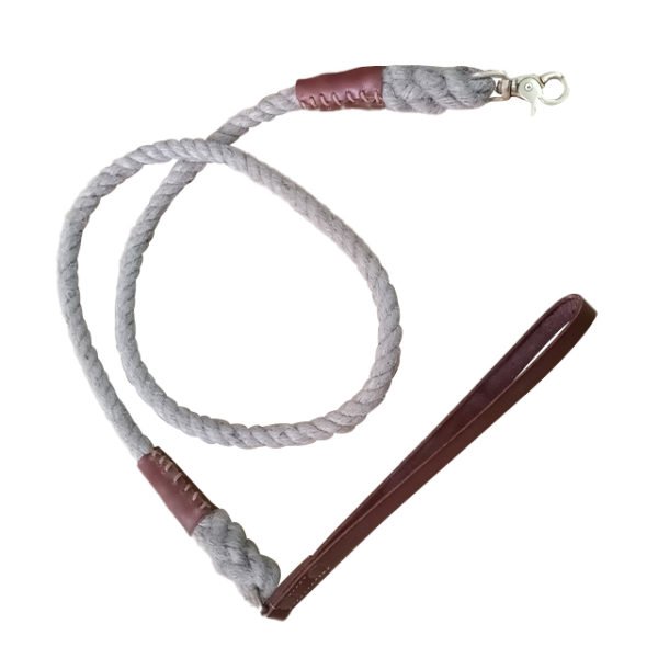 Gray Rope Dog Leash With Brown Leather Handle