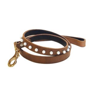 Luxury Brown Leather Leash With Beaded Pearl