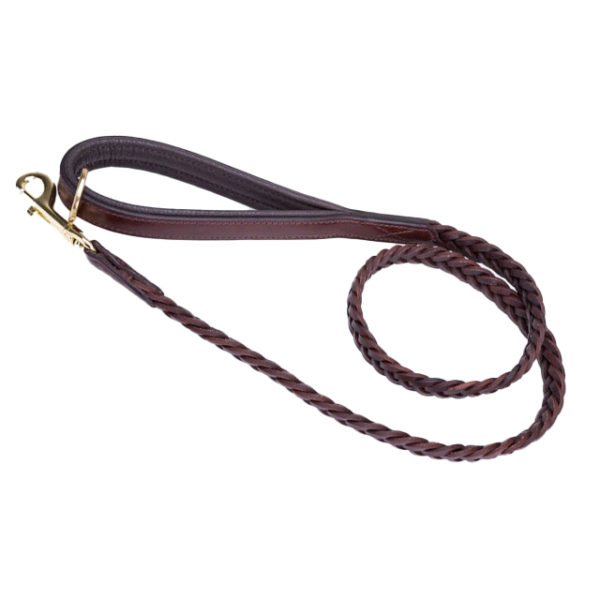 Strong Brown Braid Leather Dog Collar & Leash