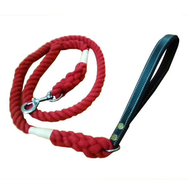 Red Rope Cotton Dog Leash With Leaher Handle