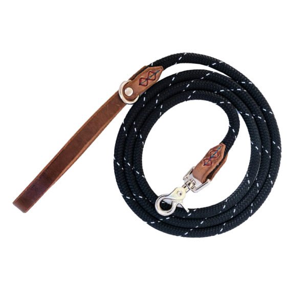 Brass Black Leather With White Spot Rope Dog Leash