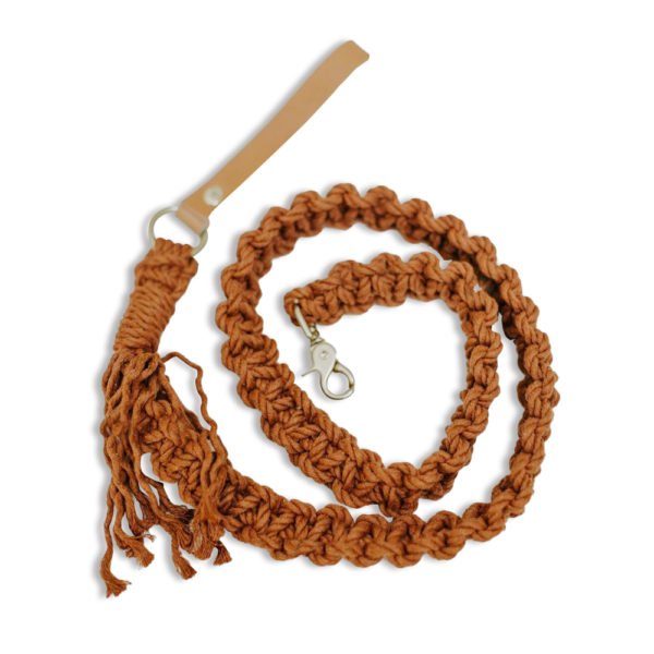 Brown Macrame Dog Leash With Leather Handle